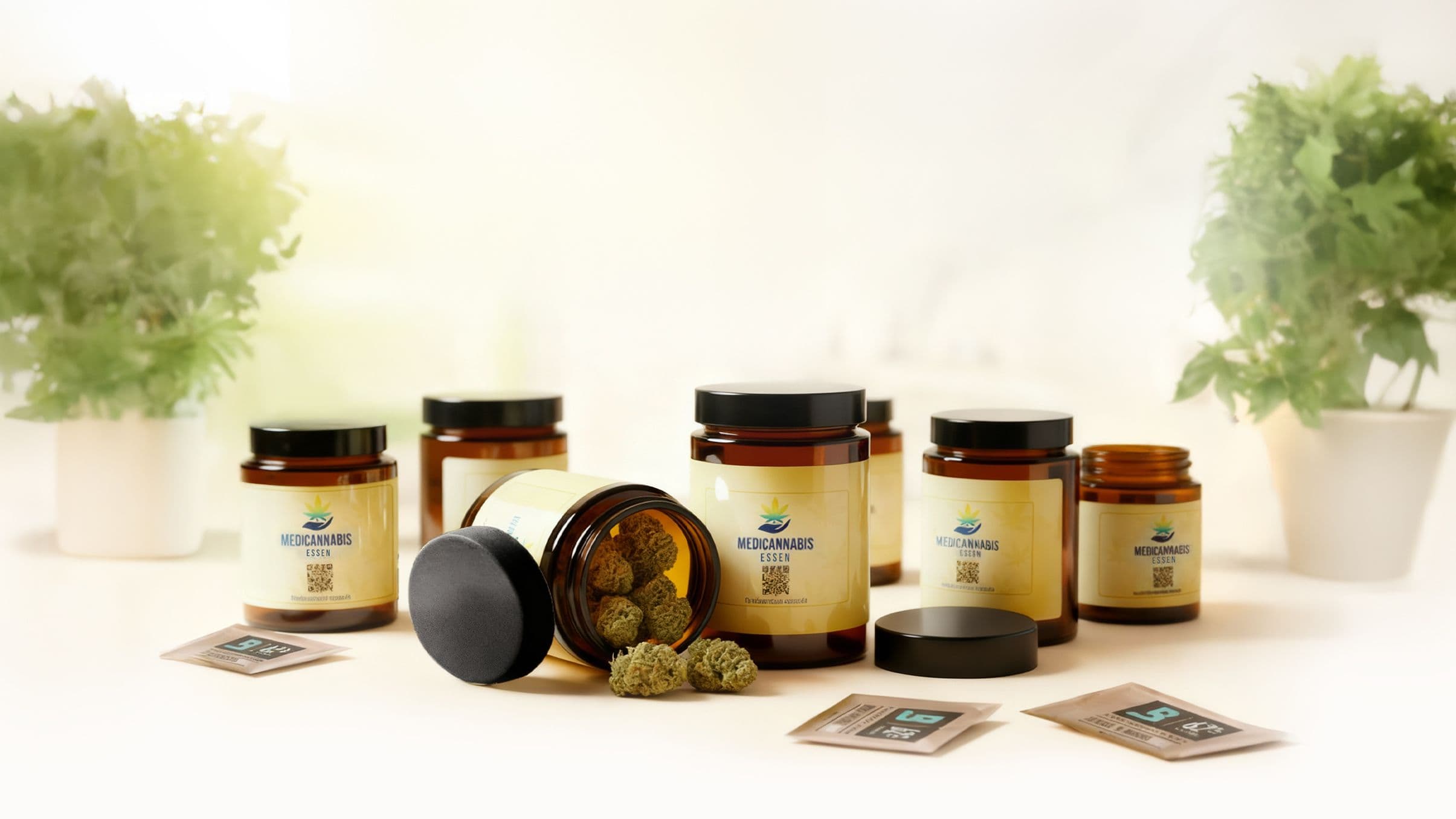 Cannabisprodukte in Apothekengläsern mit grünen Blättern auf hellem Hintergrund