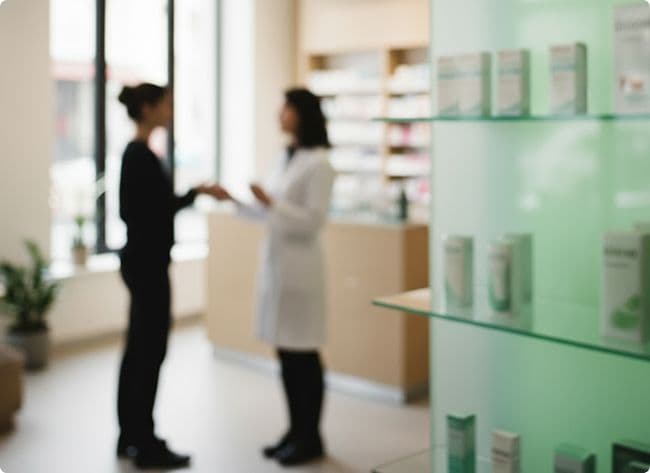 Persönliche Beratung in der Apotheke vor dem Cannabis-Regal